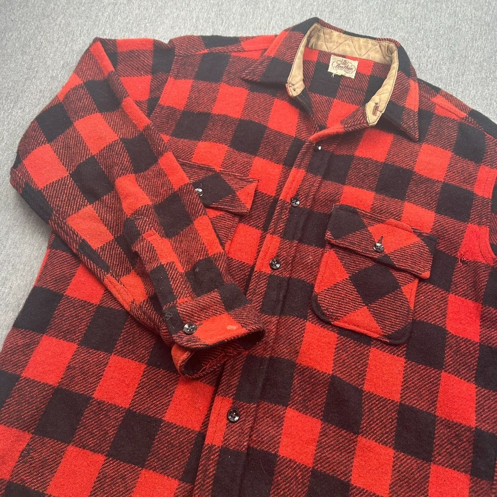Five Brother 1960s Wool Heavy Flannel Mens Large Red Black Buffalo Plaid *Hole*
